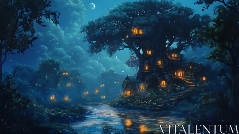 Enchanted riverside tree village glows under a crescent moon