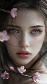 Porcelain face framed by cherry blossoms in soft focus.