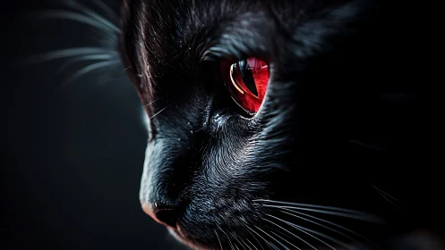 Black cat profile reveals vivid red eye against darkness
