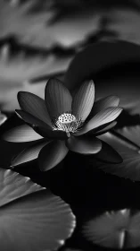 Monochrome lotus blossom rests in gentle spotlighted stillness.