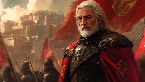 Weathered warlord gazes over a city on the brink of siege.