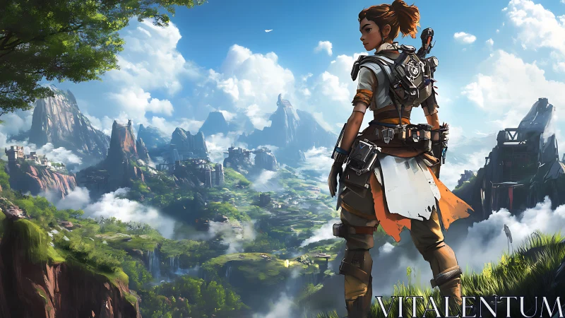 Brave explorer gazes over lush floating valley world.