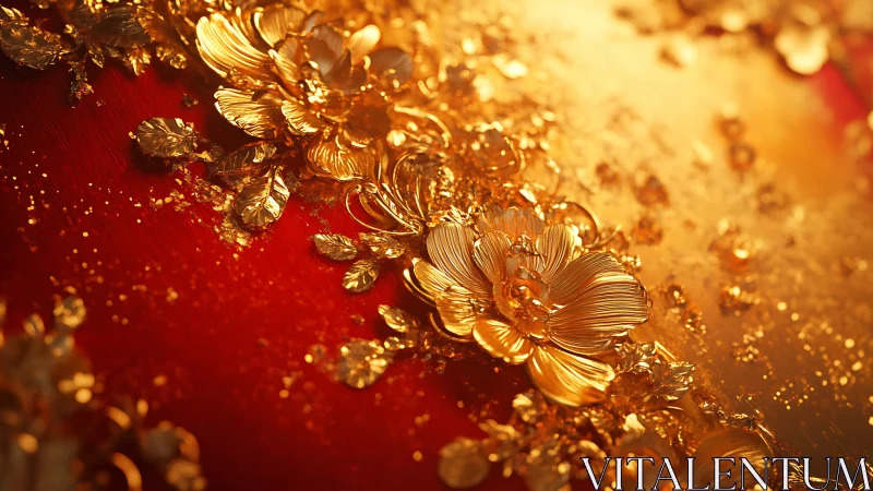 Rendered gold floral relief lies on glowing red surface
