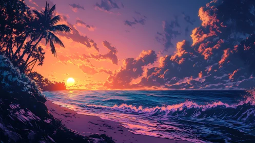 Golden sunset glows over a tranquil tropical shoreline