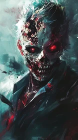 Undead humanoid portrait with exposed skull and red eyes.