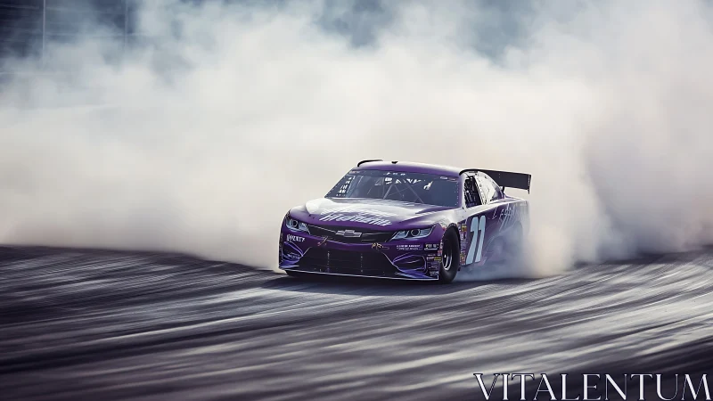 Purple stock car executes high-speed drift in dense tire smoke