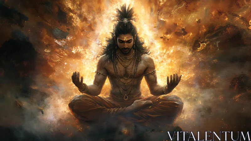 Meditating deity in fiery cosmic energy background.