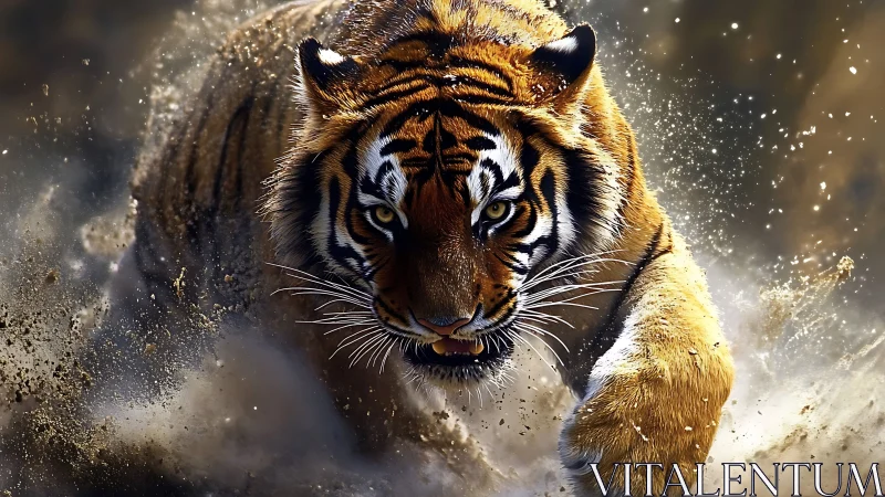 Duststorm tiger charge blazing through wild golden chaos.