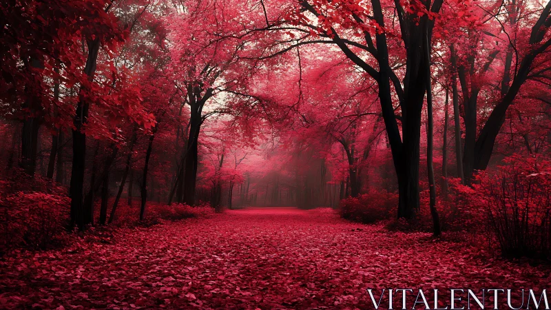 Forest pathway lined with crimson foliage creates monochromatic red landscape.