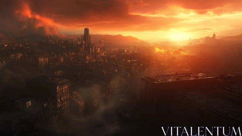 Fiery sunset glows over a quiet, ruined industrial cityscape