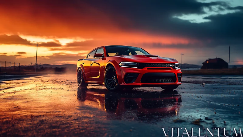 Sunset-red muscle car resting on a rain glazed country road.