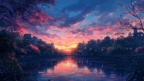 City river at dusk with cherry blossoms and lanterns aglow.