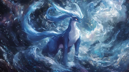 Celestial blue creature commanding swirling cosmic waves.