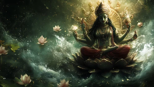 Multi-armed deity sits on lotus amid turbulent luminous water