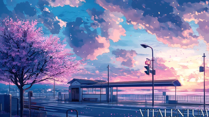 Sakura-lined coastal station glows under pastel sunset sky