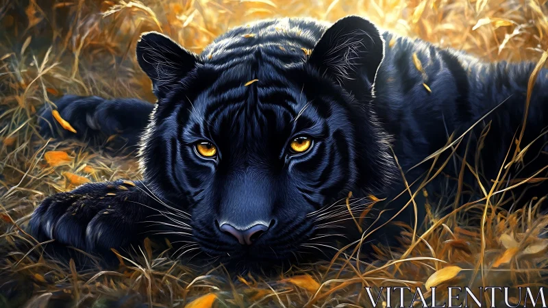 Black tiger resting in golden grass with intense gaze.
