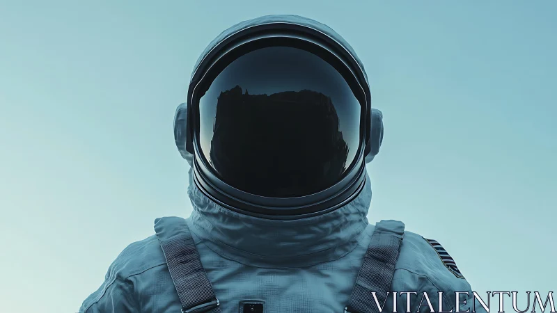 Solitary astronaut silhouette under cyan atmospheric sky.