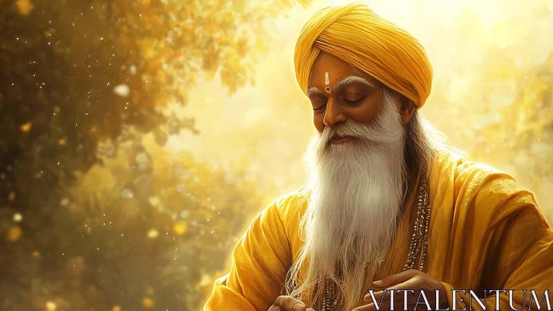 Elderly sage in golden robes meditates in glowing light.