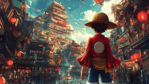 Lantern lit harbor city welcoming a straw hat dreamer.