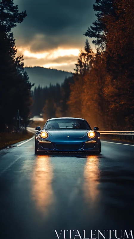 Sports car cuts through wet forest road under storm sky
