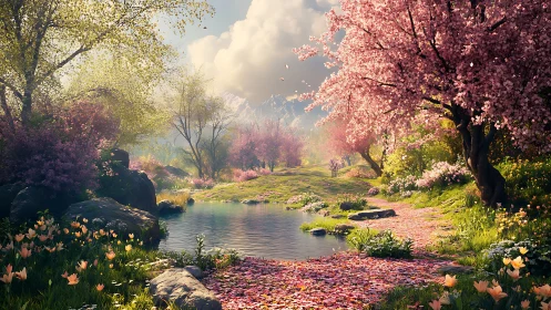 Flowered riverside landscape with trees in spring bloom.