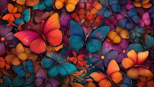 Vibrant multicolored butterflies over layered floral field.