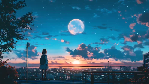 Girl on rooftop gazes at moonlit city sunset skyline.
