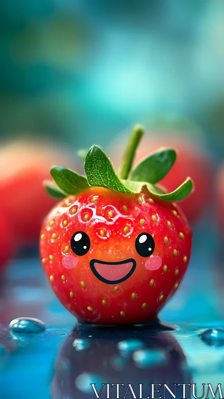 Macro kawaii strawberry portrait with glossy water droplets