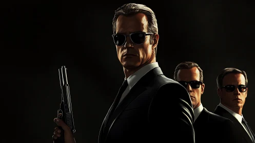 Stoic agents in dark suits stand ready in cinematic shadow