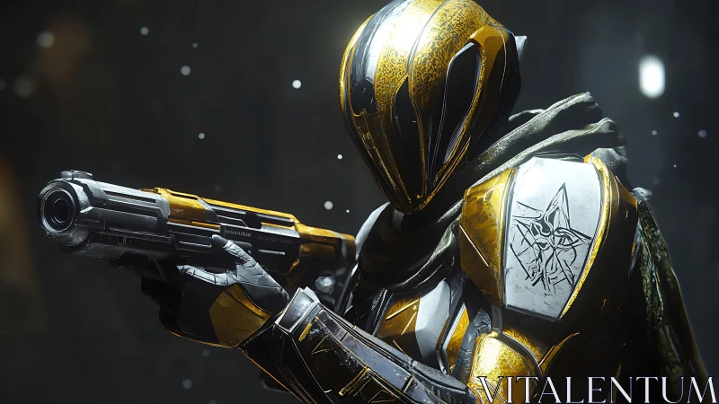 Armored sci fi guardian aiming pistol in moody light.