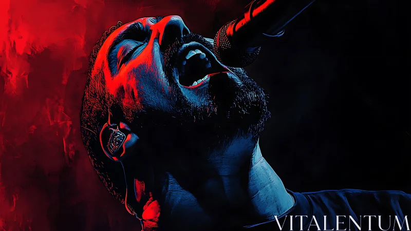 Vocalist in high-contrast red blue lighting sings into stage mic