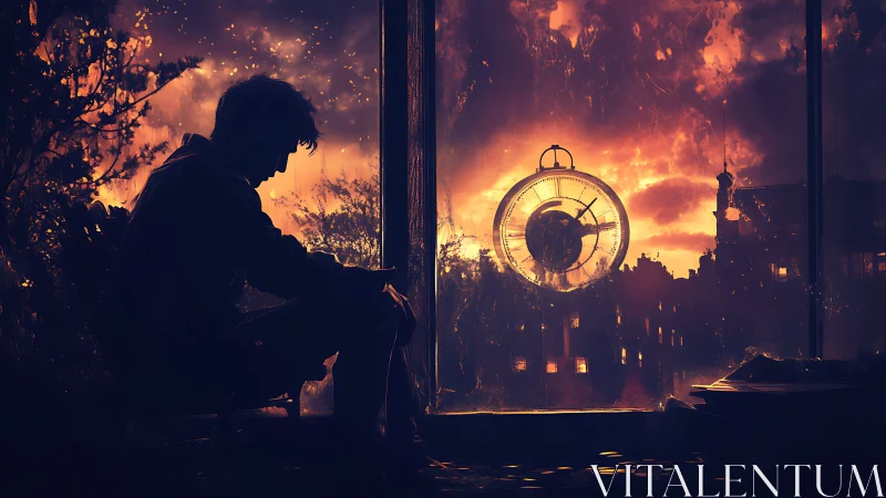 Silhouetted dreamer watching a burning sunset clock sky.