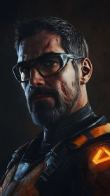 Battle-worn hero gazes forward with calm, determined focus