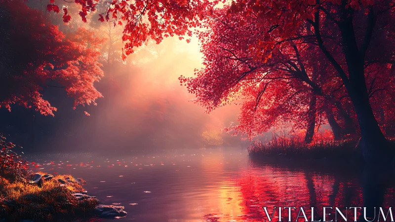 Crimson autumn trees glow beside a tranquil reflective lake