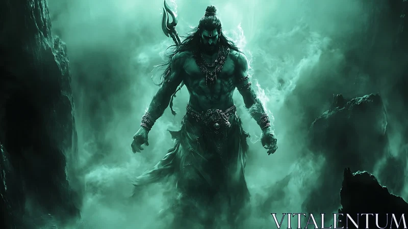 Mythic warrior emerging through emerald infernal mist digital painting.
