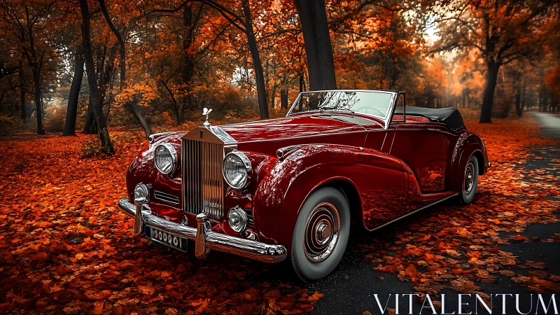 Vintage red convertible on leaf-covered forest roadway.