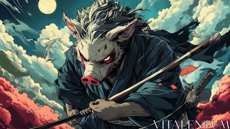 Moonlit Boar Ronin Surging Through Tempest Skies.