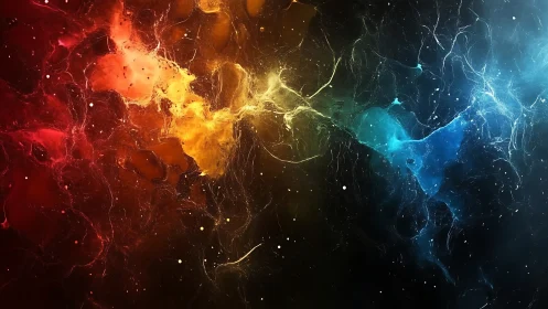 Nebula-like colored plasma clouds stretch across dark space