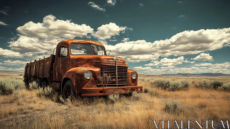 Rust-bitten desert truck dozes beneath a wildly painted sky