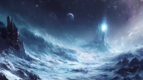 Luminous ice citadel rises over a frozen alien wasteland