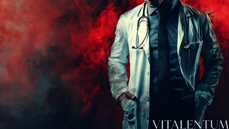 Male doctor in white coat stands against textured red backdrop