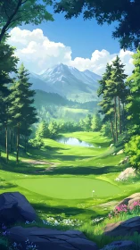 Sunlit mountain golf green framed by forest and lake