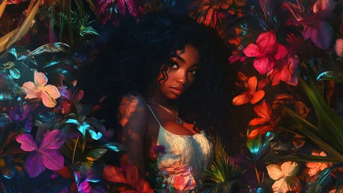 Woman with curly hair sits among dense neon tropical flowers