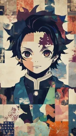 Anime warrior portrait framed by fragmented color blocks.