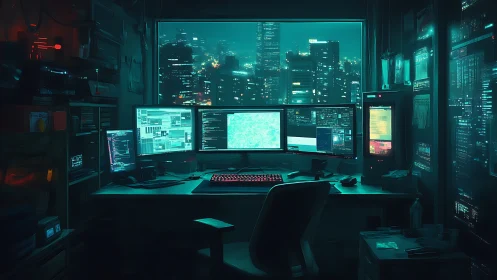 Cyberpunk command desk with multi-monitor urban infoscape.