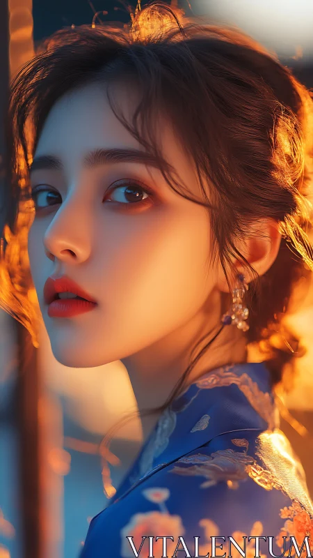 Golden hour portrait of woman in embroidered blue silk robe.