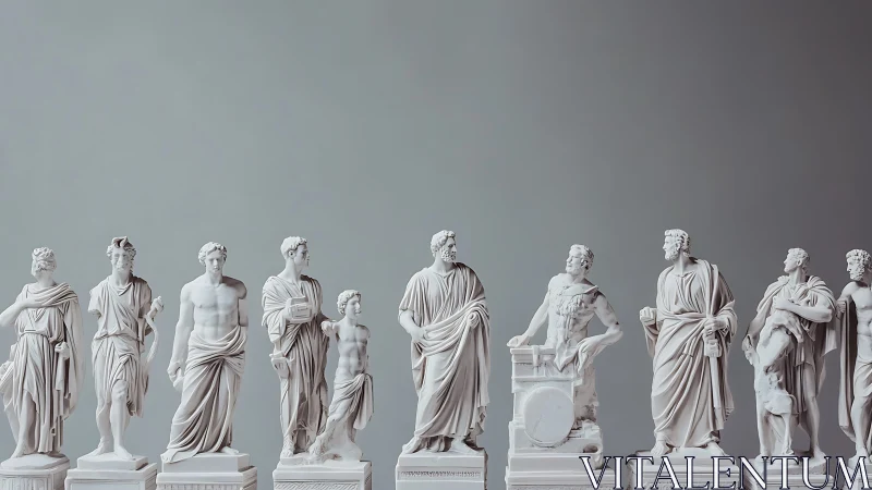 Marble statues aligned against gradient backdrop reveal neoclassical drapery study