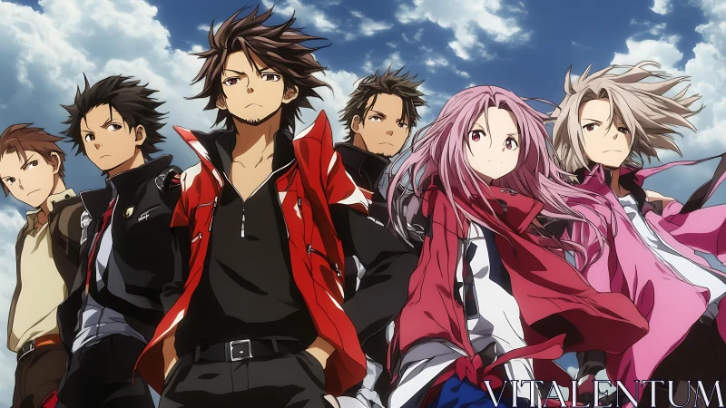 Wind-swept anime squad in dynamic low-angle team formation.