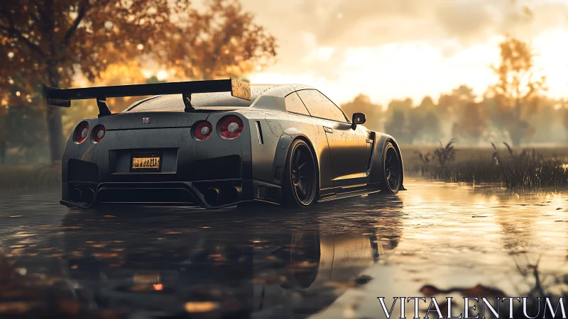 Modified sports car waits on wet road under golden sunset