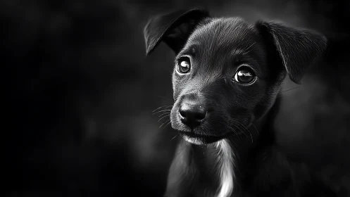 Expressive black puppy portrait in dramatic monochrome light.